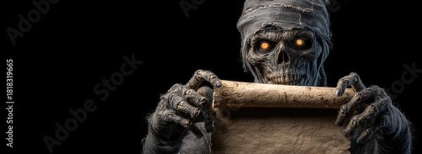 Fototapeta Close-up, portrait of an ancient mummy wrapped in frayed and time-worn linen bandages, holding an ancient blank papyrus scroll with glowing eyes on black background with copy space. Generative Ai.