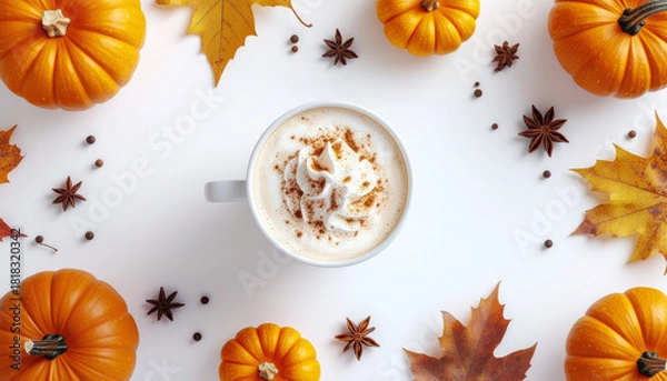 Fototapeta Overhead view of a pumpkin spice latte surrounded by autumn elements.