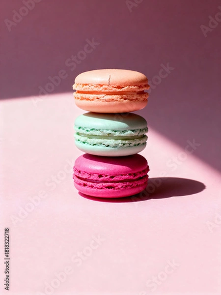 Fototapeta Colorful Pastel Macarons Stacked on Pink Background in Minimalist Food Photo
