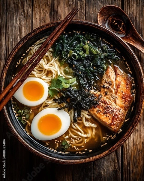 Fototapeta Top view Japanese ramen bowl with soft-boiled egg, grilled salmon, and seaweed in rich broth on rustic wooden table, perfect for food branding and restaurant menus, ramen lifestyle image