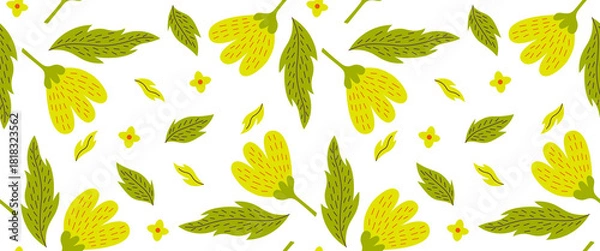 Fototapeta Seamless botanical pattern with yellow flowers and green leaves on a white background for wallpaper, textiles, fabric and wrapping paper.