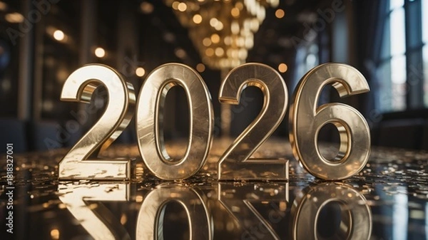 Fototapeta Golden 2026 numbers with bokeh lights and confetti for new year celebration