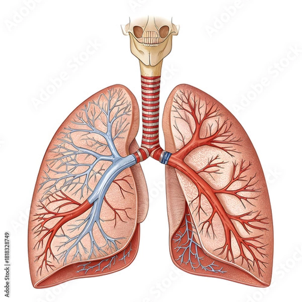 Obraz A detailed illustration of the human respiratory system is isolated on a white background, showing lungs, airways
