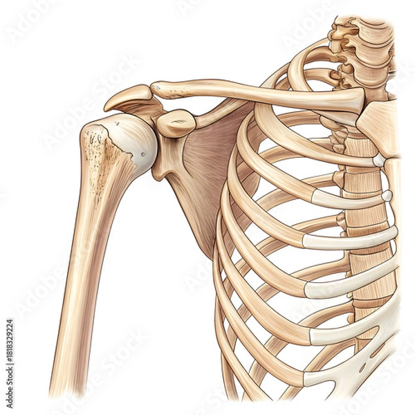 Obraz A detailed illustration of human shoulder joint bones is isolated on a white background, showing bone structure, anatomy,