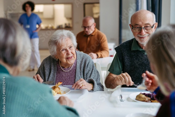 Fototapeta Group of seniors having lunch in community center cafeteria.