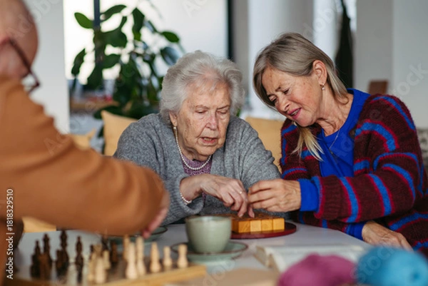 Fototapeta Group of senior people enjoying different activities in community center.