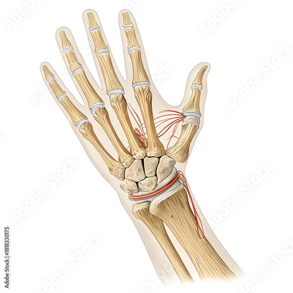 Obraz A detailed illustration of the human wrist joint is isolated on a white background, showing bone structure, anatomy,