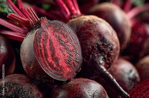 Fototapeta Fresh beets with vibrant red color, showcasing cut beet revealing its rich interior. scene captures natural beauty and freshness of this root vegetable, perfect for healthy dishes