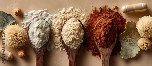 Fototapeta Natural powders arranged in wooden spoons, showcasing variety of colors and textures. Surrounding elements include capsules and dried plant materials, creating organic and healthy aesthetic