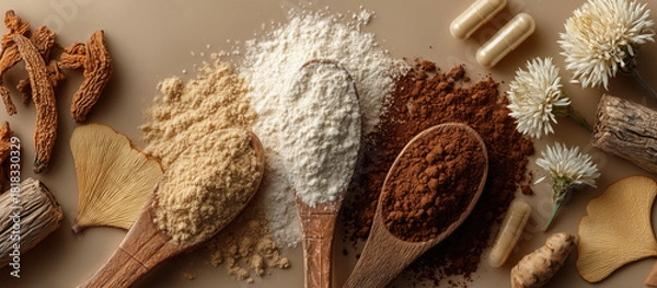 Fototapeta Natural spices and herbal supplements arranged neutral background, showcasing various textures and colors. image features wooden spoons filled with different powders, alongside dried herbs