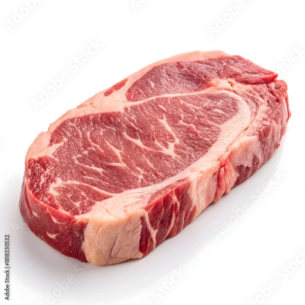 Obraz A raw ribeye cut of beef steak is isolated on a plain white background, highlighting its marbling, texture,