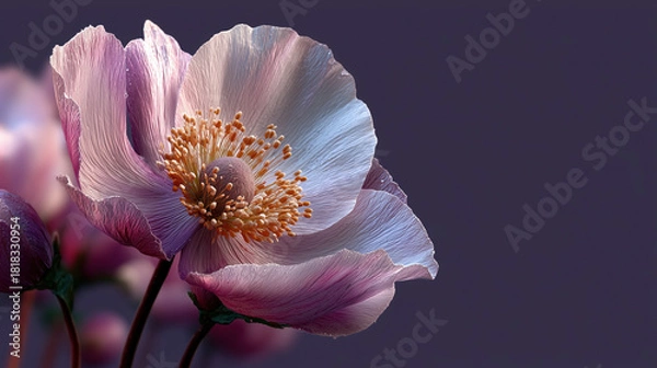 Fototapeta Beautiful single anemone flower with soft lilac petals and delicate golden stamens stands out against deep purple background, evoking sense of tranquility and elegance