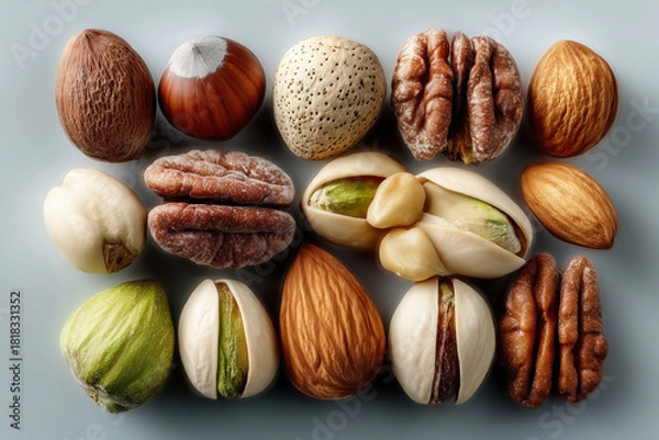 Obraz Top down view of various nuts including almonds, pecans, pistachios, and hazelnuts arranged beautifully. This colorful assortment showcases natural textures and shapes, evoking sense of health