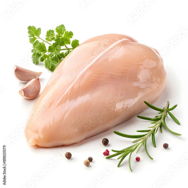 Obraz A raw chicken breast is isolated on a white background, highlighting its clean texture, freshness,
