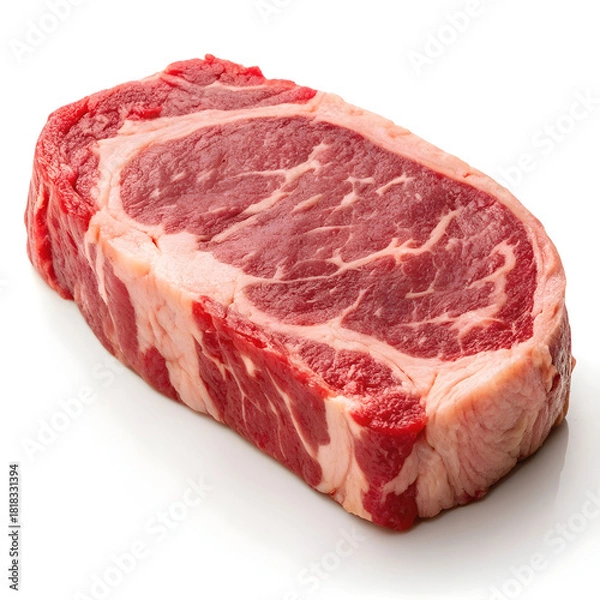 Obraz A raw ribeye cut of beef steak is isolated on a plain white background, highlighting its marbling, texture,