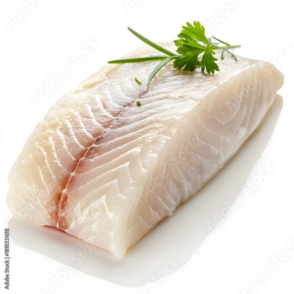 Obraz A raw white fish fillet is isolated on a clean white background, highlighting its freshness, texture