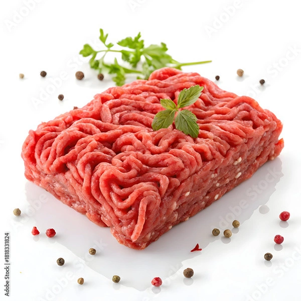 Obraz A portion of raw minced meat is isolated on a white background, highlighting its texture, freshness,