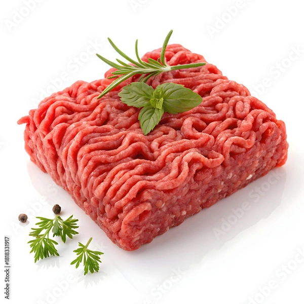 Obraz A portion of raw minced meat is isolated on a white background, highlighting its texture, freshness,