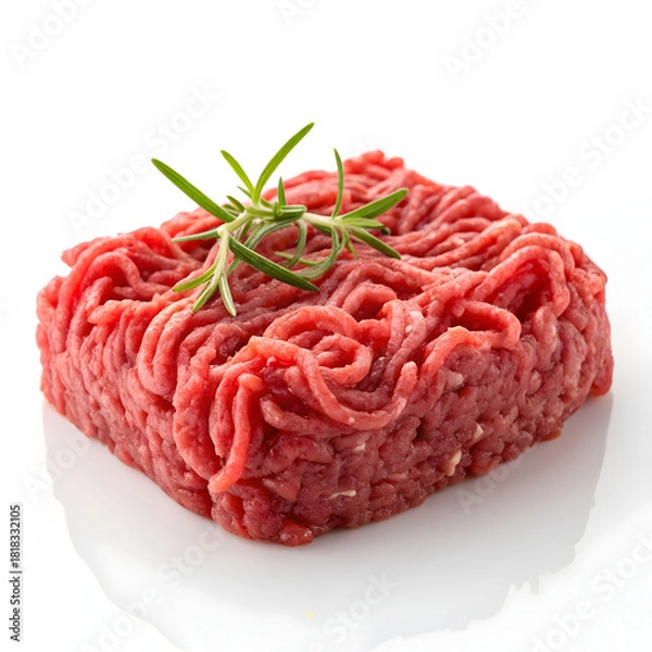 Obraz A portion of raw minced meat is isolated on a white background, highlighting its texture, freshness,