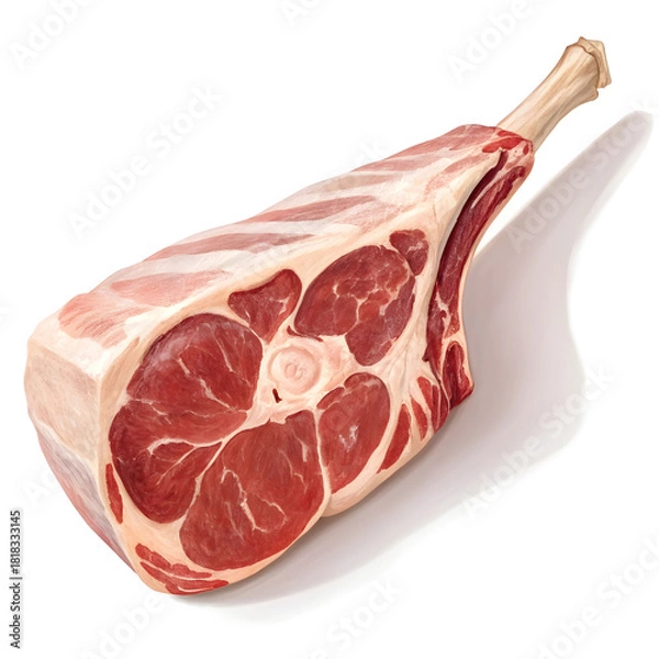 Obraz A raw mutton leg piece is isolated on a white background, highlighting its texture, freshness, and suitability for various