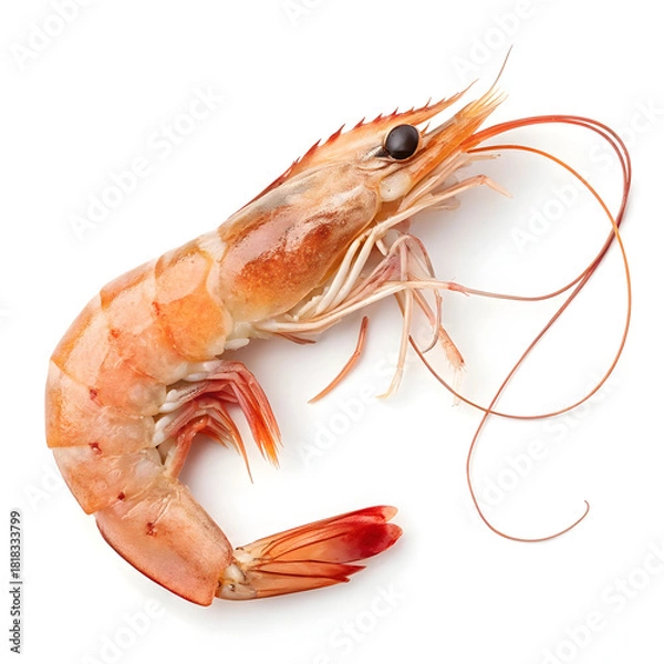 Obraz A single piece of raw prawn is isolated on a white background, highlighting its freshness, texture, and suitability