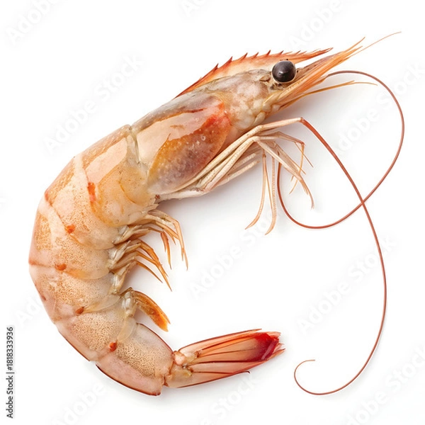 Obraz A single piece of raw prawn is isolated on a white background, highlighting its freshness, texture, and suitability