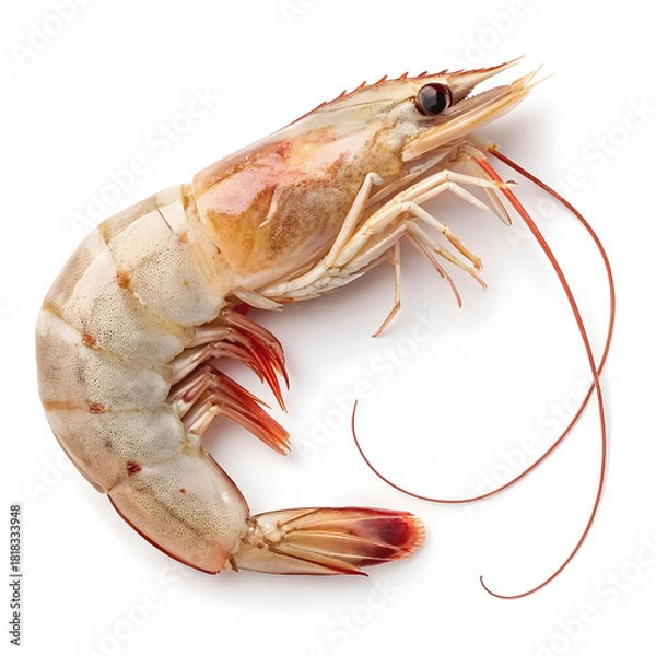 Obraz A single piece of raw prawn is isolated on a white background, highlighting its freshness, texture, and suitability