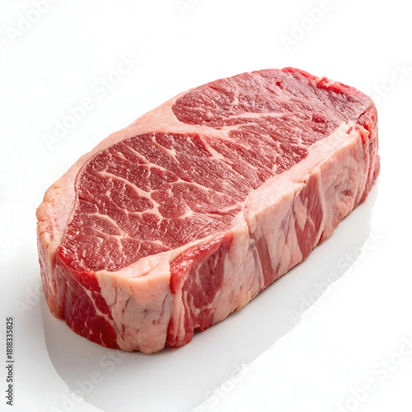 Obraz A single raw boneless beef steak is placed directly on a white background, highlighting its freshness, marbling,
