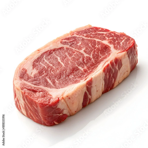 Obraz A single raw boneless beef steak is placed directly on a white background, highlighting its freshness, marbling,