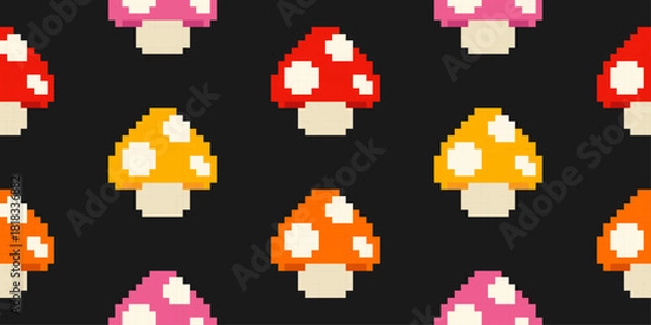 Obraz Seamless game pattern with pixel art mushroom element. 90s vintage background with fly agaric print.