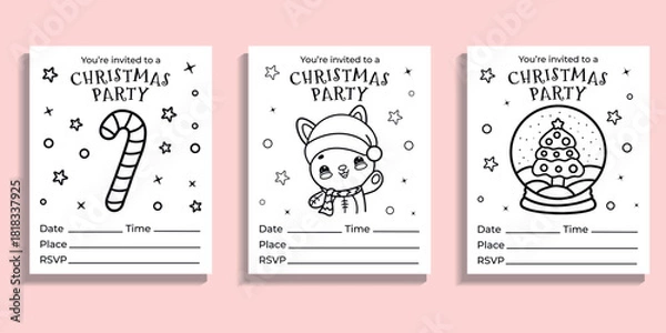 Obraz Christmas set of cards for kids' party, cute vector coloring pages
