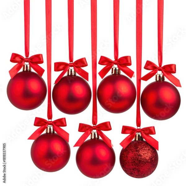 Obraz red hanging christmas balls decoration with gift ribbon band isolated on white or transparent.