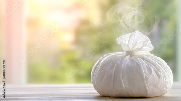 Fototapeta gauze. Gauze-wrapped herbal compress with gentle steam rising from it. menu design, packaging mockups, designed for culinary blogs and recipe cards for restaurants, used by financial analysts.