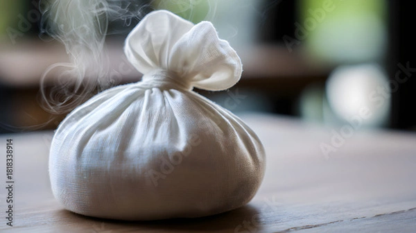 Fototapeta gauze. Gauze-wrapped herbal compress with gentle steam rising from it. menu design, packaging mockups, designed for culinary blogs and recipe cards for restaurants, used by financial analysts.