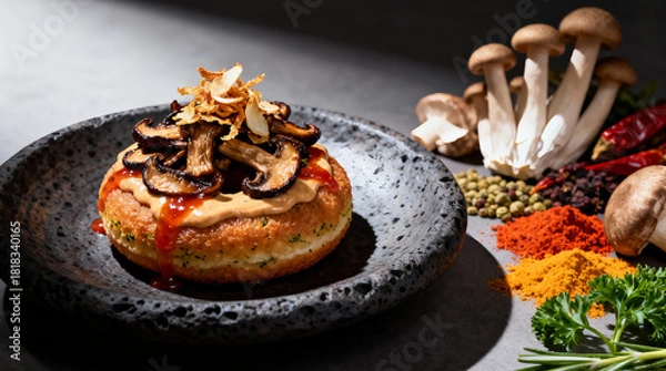 Fototapeta Gourmet Savory Vegan Donut Plant-Based Toppings Artisan Plating Clean Elegant Presentation