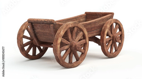 Fototapeta A rustic wooden cart with spoked wheels standing on a white background.