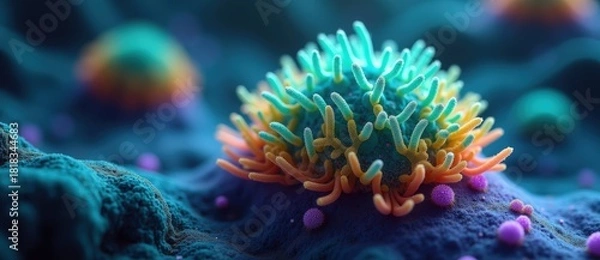 Obraz Microscopic view of a virus cell or pathogen. Detailed 3D illustration of a microbe on a cellular surface. Medical research and immunology concept