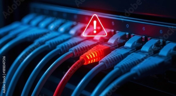 Obraz A red network cable with a warning sign indicates a problem with the internet connection or server, highlighting potential cybersecurity issues