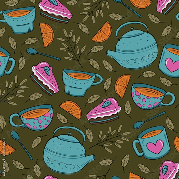 Fototapeta Whimsical floral tea party pattern with teacups and teapots.
