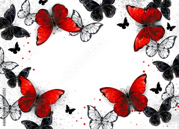 Obraz Red butterflies on white background