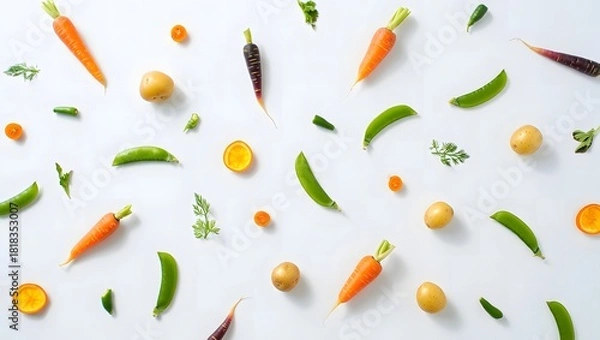 Fototapeta Fresh colorful assorted vegetables scattered on a white background top view