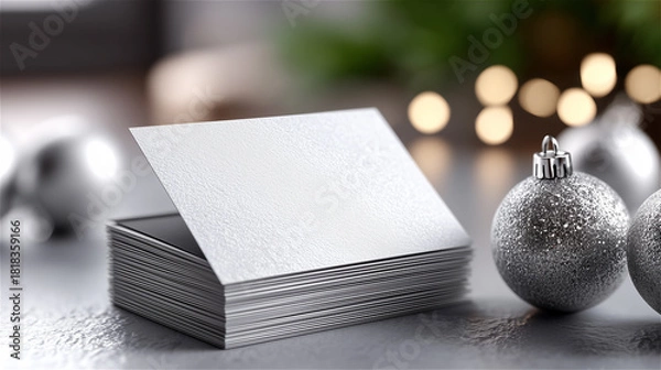 Obraz Stack of blank business cards on reflective surface with festive silver ornaments, creating a clean modern holiday-themed background suitable for branding or seasonal marketing.