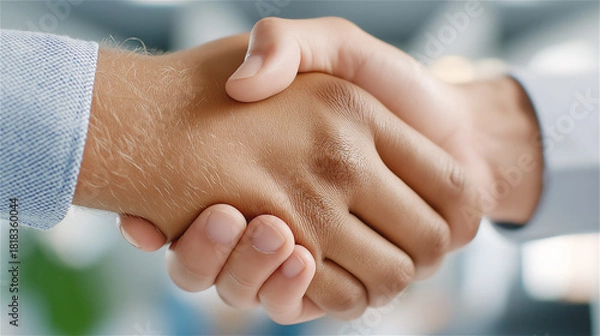 Fototapeta Close-up handshake between two people in professional environment, symbolizing agreement, trust, partnership and successful human connection.