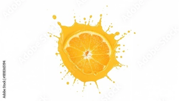 Fototapeta Exploding splash of citrus juice with a slice at the center, set against a white backdrop.