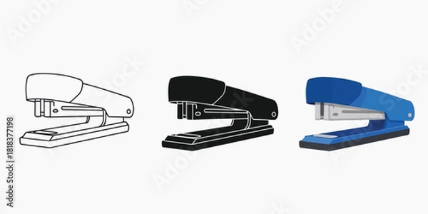 Fototapeta Stapler Three styles vector set line art, silhouette and color version of the office supply