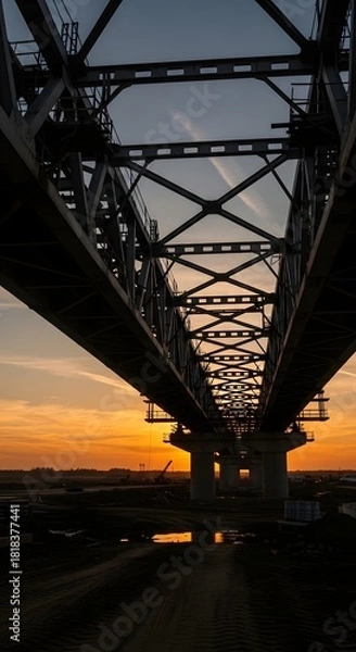 Obraz Underneath a steel bridge at sunset, a dramatic sky unfolds with warm hues