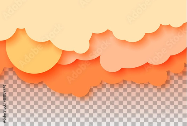 Obraz 3d abstract paper cut illustration of pastel orange sky, sun and clouds. Vector colorful template.