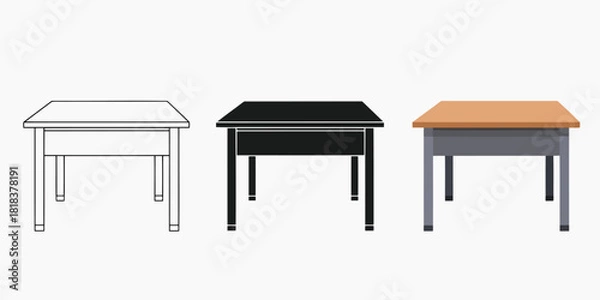 Obraz Three tables in Three styles vector set line art, silhouette and color version of a wooden table