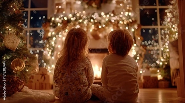 Obraz glowing holiday decorations in home with children laughing,