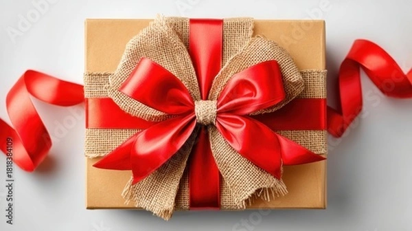 Fototapeta Stylish gift box wrapped in kraft paper with a wide red satin bow and jute ribbon on a light background, perfect for holiday, birthday or shopping promotions.
